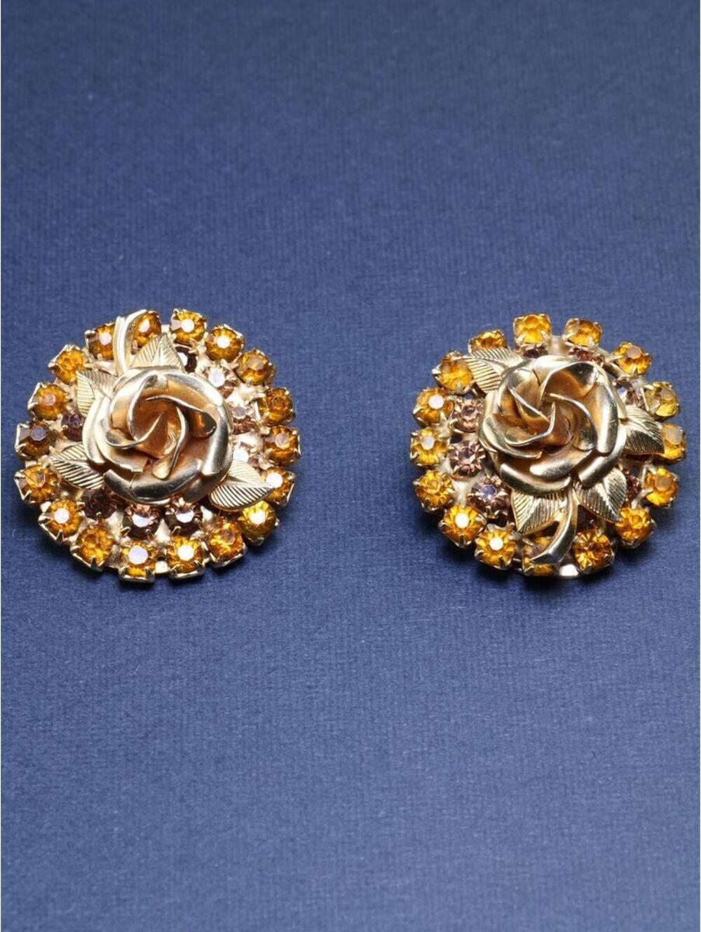 Vintage Gold Tone Rose Earrings Amber Rhinestone Clip Ons Mid Century Floral